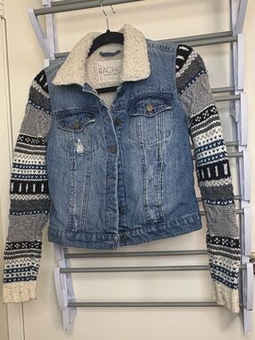 Rachel Mixed-Media Denim Jacket with Sherpa Collar - Blue, Gray, Cream